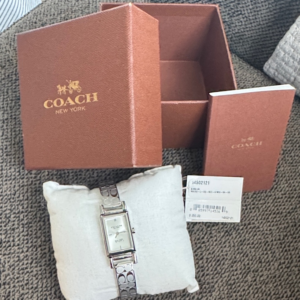 Coach Silver Rectangular Watch with Box. Never been worn.